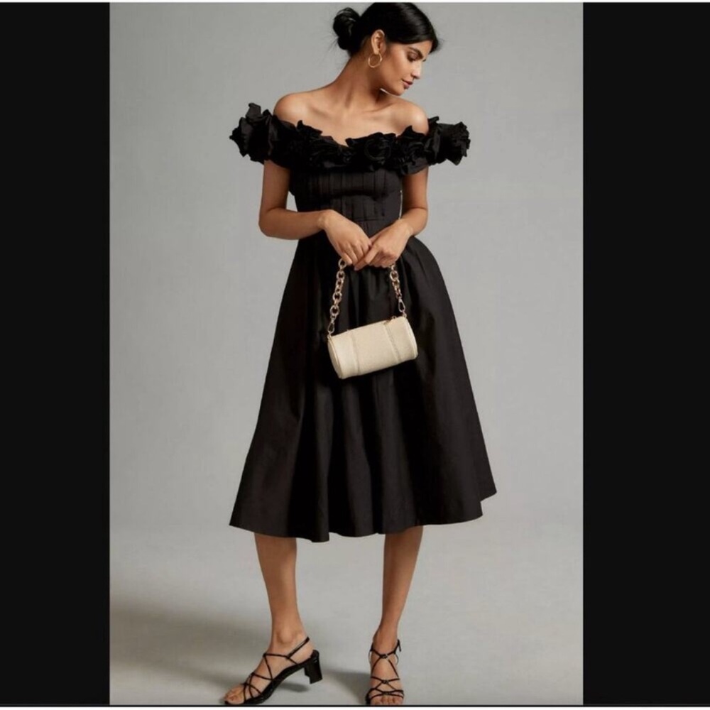 Maeve Ruffled Neckline Off Shoulder Pleated Corina Midi Dress Anthropologie